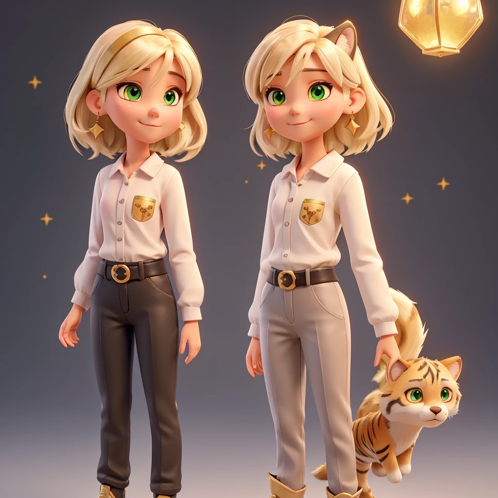 A single 14 year old girl with light ash blonde wolf cut hair with extra light ash blonde highlights, gold star piercing in left ear and gold star earrings in right ear, pale skin with pink tones, good body, black shirt with long sleeves showing the shoulders and a little chest, light gray pants, black belt with golden evilla, small boots with short black heels, Asian descent, tiger tattoo on the left side of the neck, star sirius thigh tattoo, crystal clear green eyes, calm look and tender smile with small white fangs, long eyelashes and light ash blonde color, night background and sexy pose,