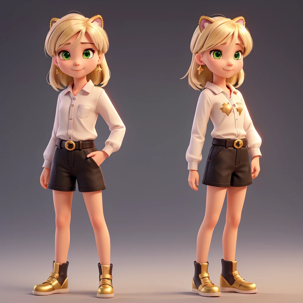 A single 14 year old girl with light ash blonde wolf cut hair with extra light ash blonde highlights, gold star piercing in left ear and gold star earrings in right ear, pale skin with pink tones, good body, black shirt with long sleeves showing the shoulders and a little chest, light gray pants, black belt with golden evilla, small boots with short black heels, Asian descent, tiger tattoo on the left side of the neck, star sirius thigh tattoo, crystal clear green eyes, calm look and tender smile with small white fangs, long eyelashes and light ash blonde color, night background and sexy pose,