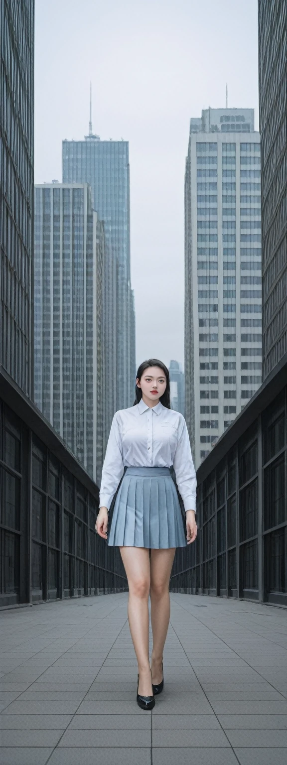score_9, score_8_up, score_7_up, 
In a masterpiece scene, professional lighting techniques like photon mapping and radiosity are employed, alongside physically-based rendering. The focus is on a single girl, depicted full-body. The absurdres quality and high resolution bring out every detail, from the skyline in the background to her attire. She is adorned in Song-style outfits, featuring a light blue short shan and a translucent white pleated skirt, complemented by purple floral songmo. Her yellow eyes add a striking contrast to her large breasts, enhancing her beauty and the surreal quality of the image.