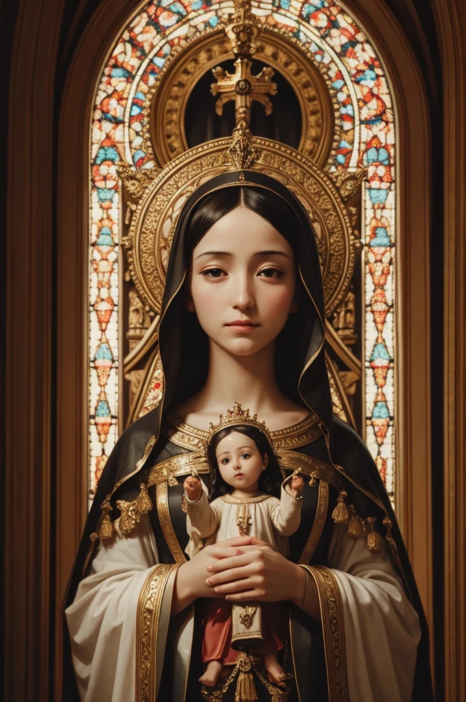 Virgin Mary with the beautiful baby Jesus in her arms, white flowing dress reflecting the light, Blessed and inspiring look, Cinematic Lights,