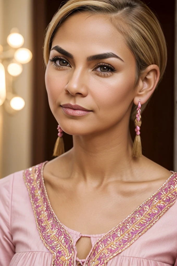 50 year old woman ,round face, Big eyebrows, normal nose, big honey colored eyes, round chin, small cheekbones, medium ears, small mouth thin lips, Small front,  short blonde hair, hairstyle with chola Cuenca braids, light skin color, Small front,with round neck blouse embroidered with sequins, pink blouse color