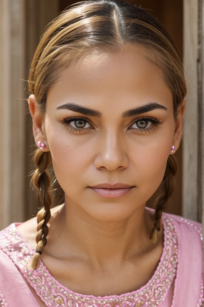 50 year old woman ,round face, Big eyebrows, normal nose, big honey colored eyes, round chin, small cheekbones, medium ears, small mouth thin lips, Small front,  short blonde hair, hairstyle with chola Cuenca braids, light skin color, Small front,with round neck blouse embroidered with sequins, pink blouse color