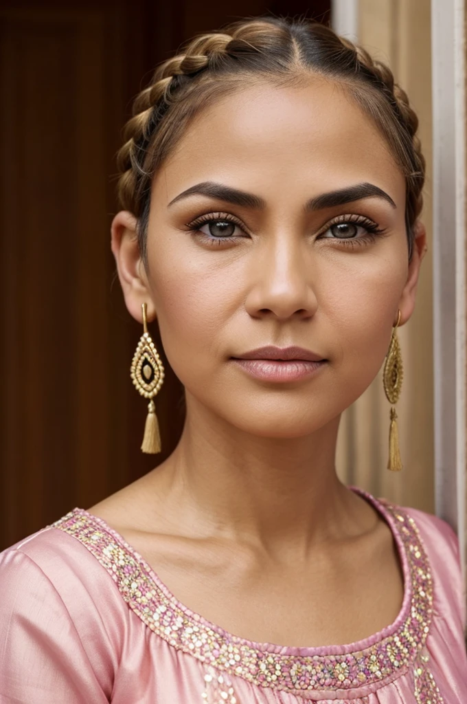 50 year old woman ,round face, Big eyebrows, normal nose, big honey colored eyes, round chin, small cheekbones, medium ears, small mouth thin lips, Small front, short blonde hair, hairstyle with chola Cuenca braids, light skin color, Small front,with round neck blouse embroidered with sequins, pink blouse color