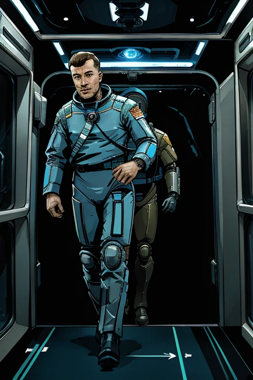 In the image we have 2 Astronauts in space uniform piloting a spacecraft, view inside the spacecraft. A humanoid robot is nearby helping. 