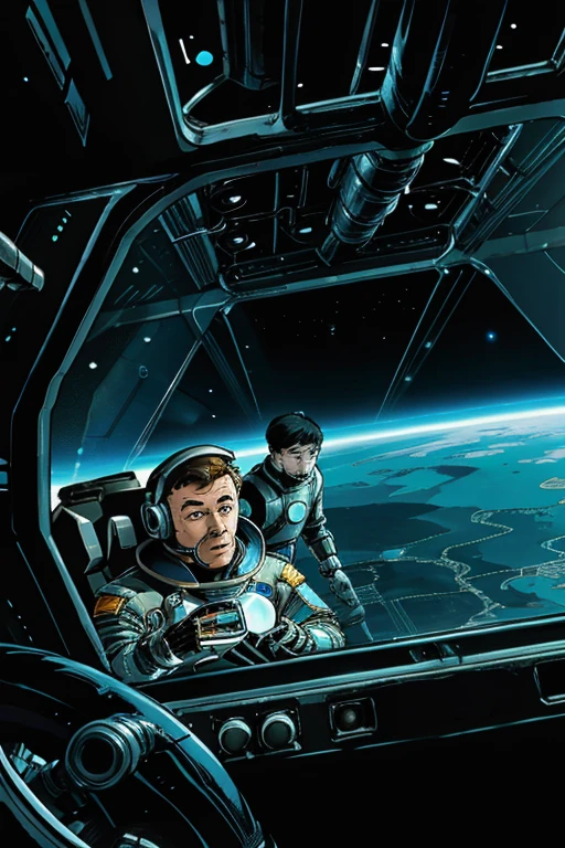 In the image we have 2 Astronauts in space uniform piloting a spacecraft, view inside the spacecraft. A humanoid robot is nearby helping.