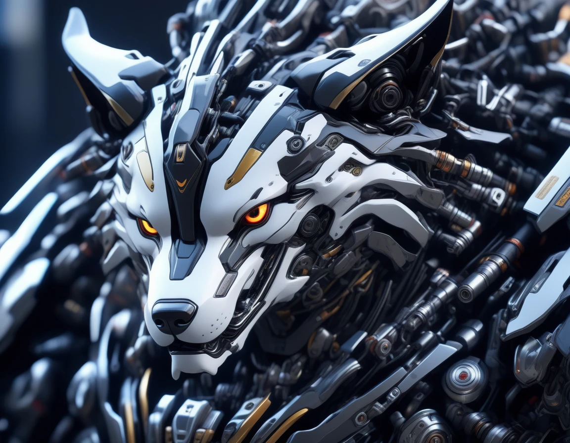 Ultra-realism, ((Masterpiece)), ((Best Quality)), (Very Detailed), ((Very Detailed)), 4K, (8K), very aesthetic, absurdres highres, mecha dog character, hyper-realistic mechanical details, semi-realism, futuristic high-caliber weapon, cyborg style, cyborg, android