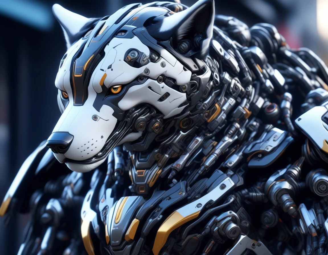 Ultra-realism, ((Masterpiece)), ((Best Quality)), (Very Detailed), ((Very Detailed)), 4K, (8K), very aesthetic, absurdres highres, mecha dog character, hyper-realistic mechanical details, semi-realism, futuristic high-caliber weapon, cyborg style, cyborg, android