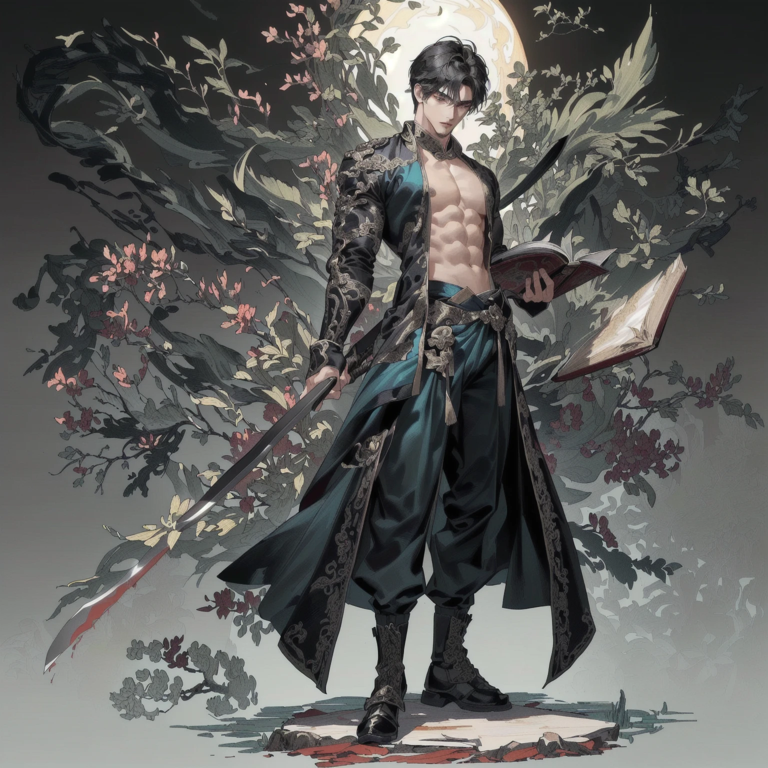 ((Extremely complex and exquisite details,masterpiece,Highest quality,Full body picture of a strong, masculine and handsome man with short black hair,Modernity,Strong handsome masculine style,Holding a stick with a machete in his right hand,Holding book in left hand,Showing off muscles)),Very strong muscles,Exquisite Chinese dragon high contrast background,Broadsword