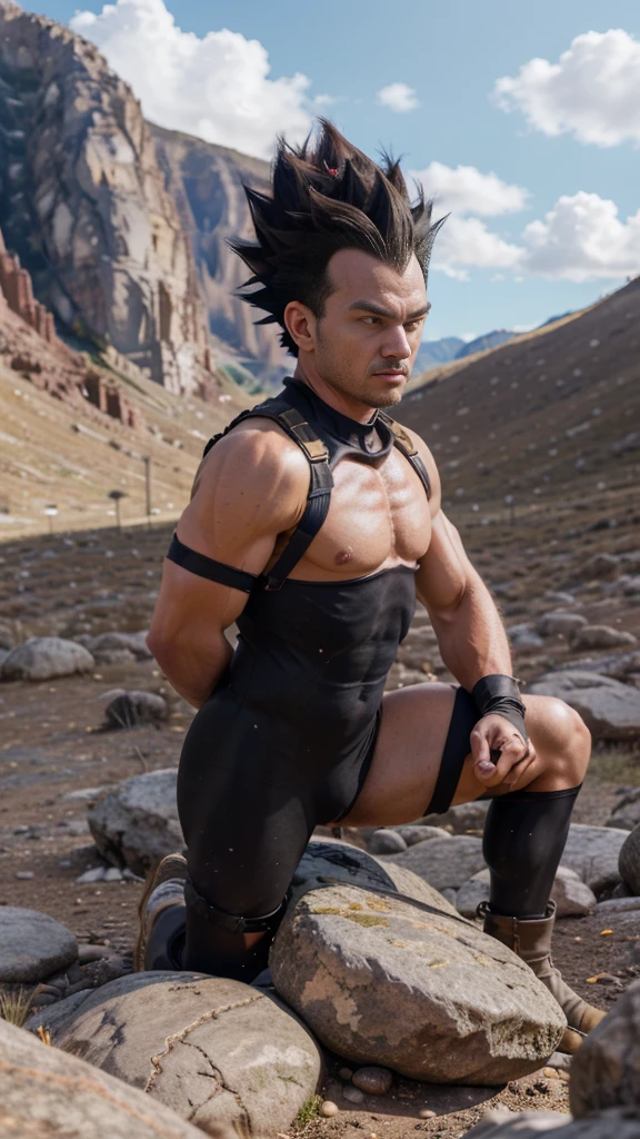 ((masutepiece:1.4, Best Quality)), ((masutepiece, Best Quality,8K)), (photographrealistic:1.4), (Cowboy Shot, Solo, Male Focus, 1boy, Vegeta, Serious, Looking at Viewer, Black spiked hair, Black eyes, armor, Enamel Bodysuit, White Gloves), (rocky ground, Rocky mountain, skyporn), Professional Lighting, Physically-based rendering