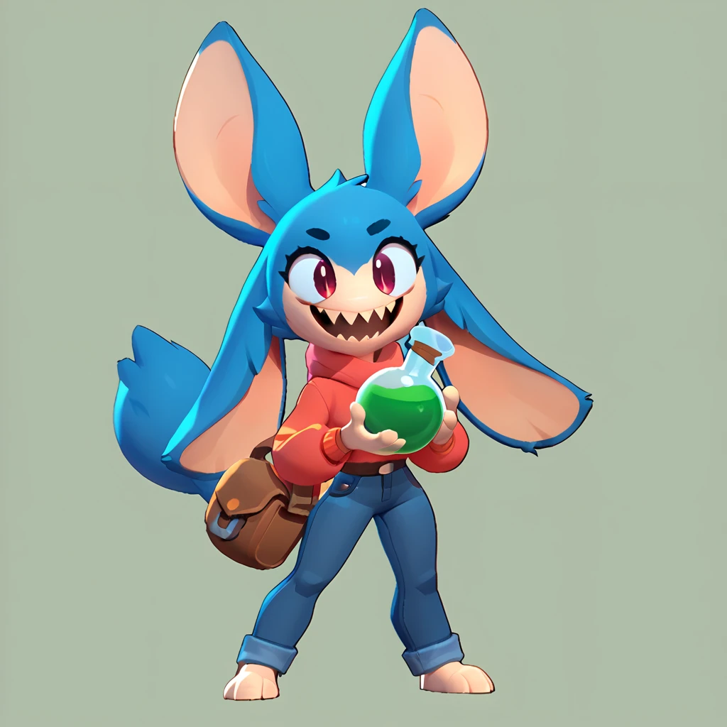 Full body view from a round creature with blue fur, female, long ears, smiling, sharp teeth, wearing jeans, friendly round creature, holding a green potion in his hand
