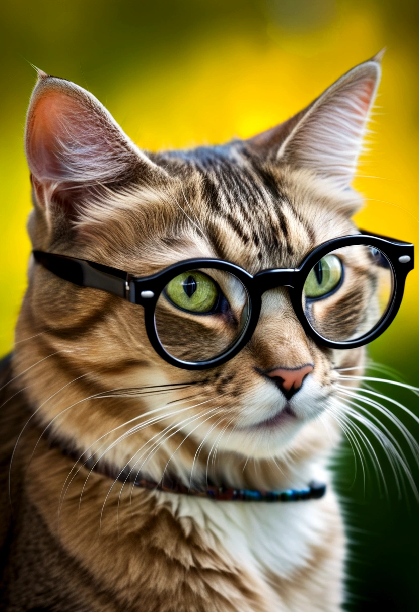 Cat wearing glasses, photographed with a 600mm lens, clear face and blurred background.