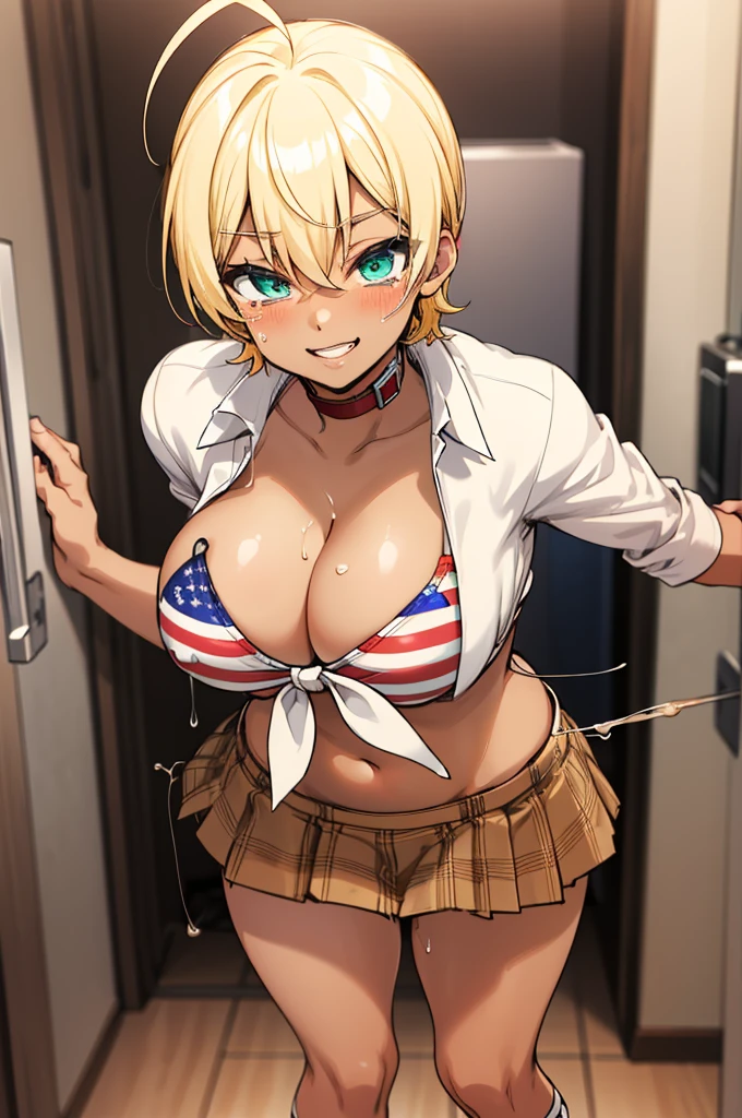 masterpiece, best quality, highres, mi1, dark skin, blonde hair, ahoge, green eyes, blue eyes, american flag bikini, plaid skirt, collar, bikini top only, tied shirt, smile, (((big breasts))),grin,miniskirt,my room,socks,standing,midriff,socks,,,(((trembling))),close up