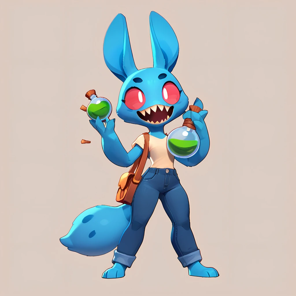Full body view from a round creature with blue fur, female, long ears, smiling, sharp teeth, wearing jeans, friendly round creature, holding a green potion in his hand