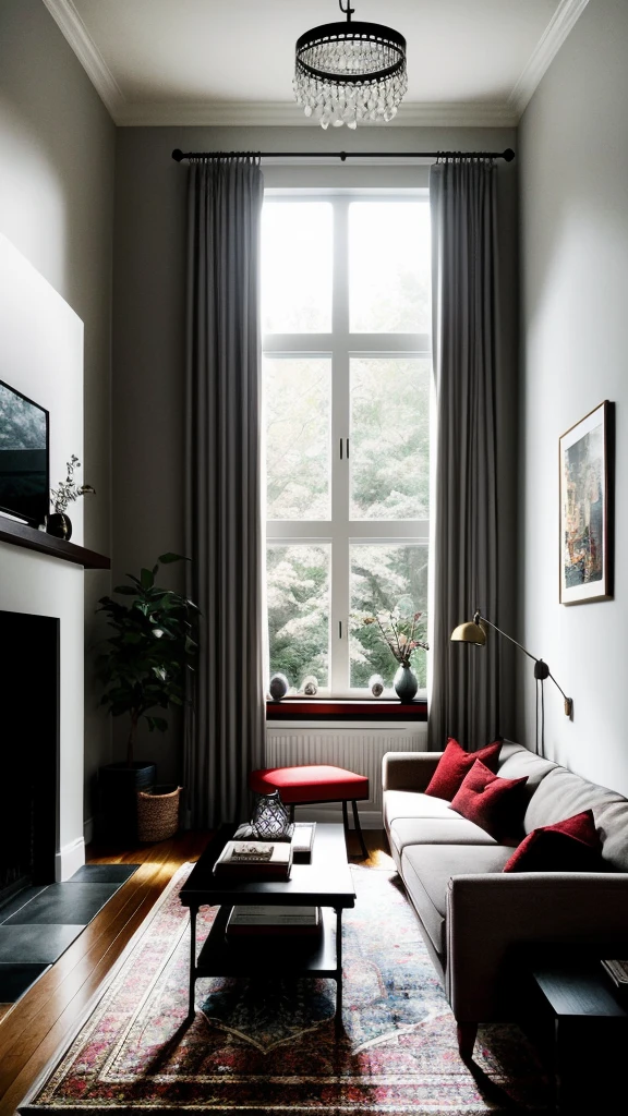 "Create an ultra-realistic, cinematic-style image in 16k resolution with low brightness, high contrast, high saturation, and high sharpness. The scene depicts the interior of a cozy, stylish living room. The room is dimly lit with warm, ambient lighting coming from a floor lamp and a few strategically placed table lamps, casting soft shadows. The furniture includes a plush, dark-colored sofa with vibrant throw pillows, a sleek coffee table with decorative items, and a luxurious rug that adds texture to the space. On one wall, there is a large, modern fireplace with a soft, flickering flame, adding to the room's warmth and coziness. The walls are adorned with tasteful artwork and shelves displaying books and personal mementos. A large window with heavy curtains partially drawn reveals a glimpse of the evening outside. The overall composition should capture the inviting, intimate, and sophisticated atmosphere of the living room, making it feel like a perfect place to relax and unwind."

