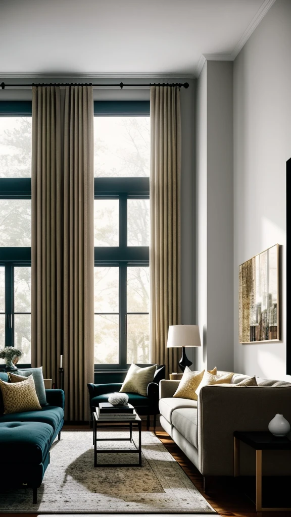 "Create an ultra-realistic, cinematic-style image in 16k resolution with low brightness, high contrast, high saturation, and high sharpness. The scene depicts the interior of a cozy, stylish living room. The room is dimly lit with warm, ambient lighting coming from a floor lamp and a few strategically placed table lamps, casting soft shadows. The furniture includes a plush, dark-colored sofa with vibrant throw pillows, a sleek coffee table with decorative items, and a luxurious rug that adds texture to the space. On one wall, there is a large, modern fireplace with a soft, flickering flame, adding to the room's warmth and coziness. The walls are adorned with tasteful artwork and shelves displaying books and personal mementos. A large window with heavy curtains partially drawn reveals a glimpse of the evening outside. The overall composition should capture the inviting, intimate, and sophisticated atmosphere of the living room, making it feel like a perfect place to relax and unwind."