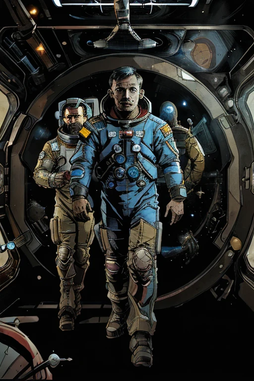 (((he wears an astronaut uniform he is on an uninhabitable planet))), barba,disgusting,60-year-old homens, he walks the moon looking for alien life, In the image we have 2 Astronauts in space uniform piloting a spacecraft, view inside the spacecraft. A humanoid robot is nearby helping.