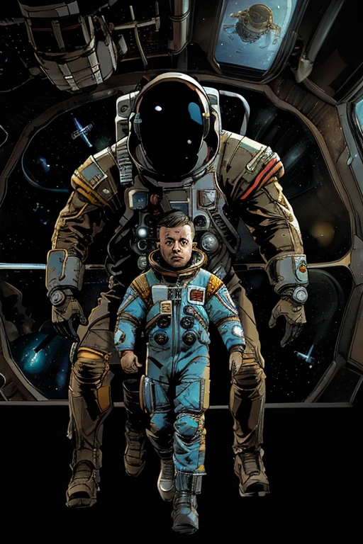 (((he wears an astronaut uniform he is on an uninhabitable planet))), barba,disgusting,60-year-old homens, he walks the moon looking for alien life, In the image we have 2 Astronauts in space uniform piloting a spacecraft, view inside the spacecraft. A humanoid robot is nearby helping.