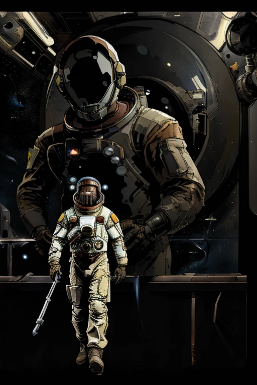 (((he wears an astronaut uniform he is on an uninhabitable planet))), barba,disgusting,60-year-old homens, he walks the moon looking for alien life, In the image we have 2 Astronauts in space uniform piloting a spacecraft, view inside the spacecraft. A humanoid robot is nearby helping.