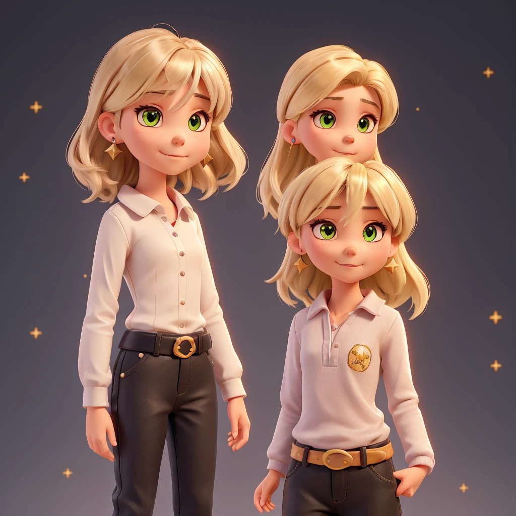 A single 14 year old girl with light ash blonde wolf cut hair with extra light ash blonde highlights, gold star piercing in left ear and gold star earrings in right ear, pale skin with pink tones, good body, black shirt with long sleeves showing the shoulders and a little chest, light gray pants, black belt with golden evilla, small boots with short black heels, Asian descent, tiger tattoo on the left side of the neck, star sirius thigh tattoo, crystal clear green eyes, calm look and tender smile with small white fangs, long eyelashes and light ash blonde color, night background and sexy pose,