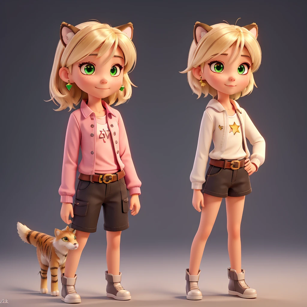 A single 14 year old girl with light ash blonde wolf cut hair with extra light ash blonde highlights, gold star piercing in left ear and gold star earrings in right ear, pale skin with pink tones, good body, black shirt with long sleeves showing the shoulders and a little chest, light gray pants, black belt with golden evilla, small boots with short black heels, Asian descent, tiger tattoo on the left side of the neck, star sirius thigh tattoo, crystal clear green eyes, calm look and tender smile with small white fangs, long eyelashes and light ash blonde color, night background and sexy pose,