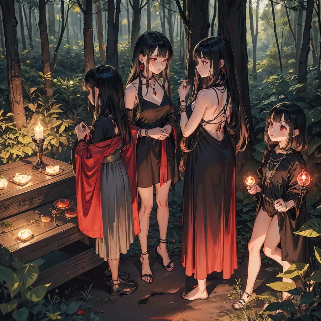 a group of beautiful witch naked women in the middle of a forest in the night, necklaces, bracelets, tribal tattoos, three girls, blonde hair, black hair , red hair, smile