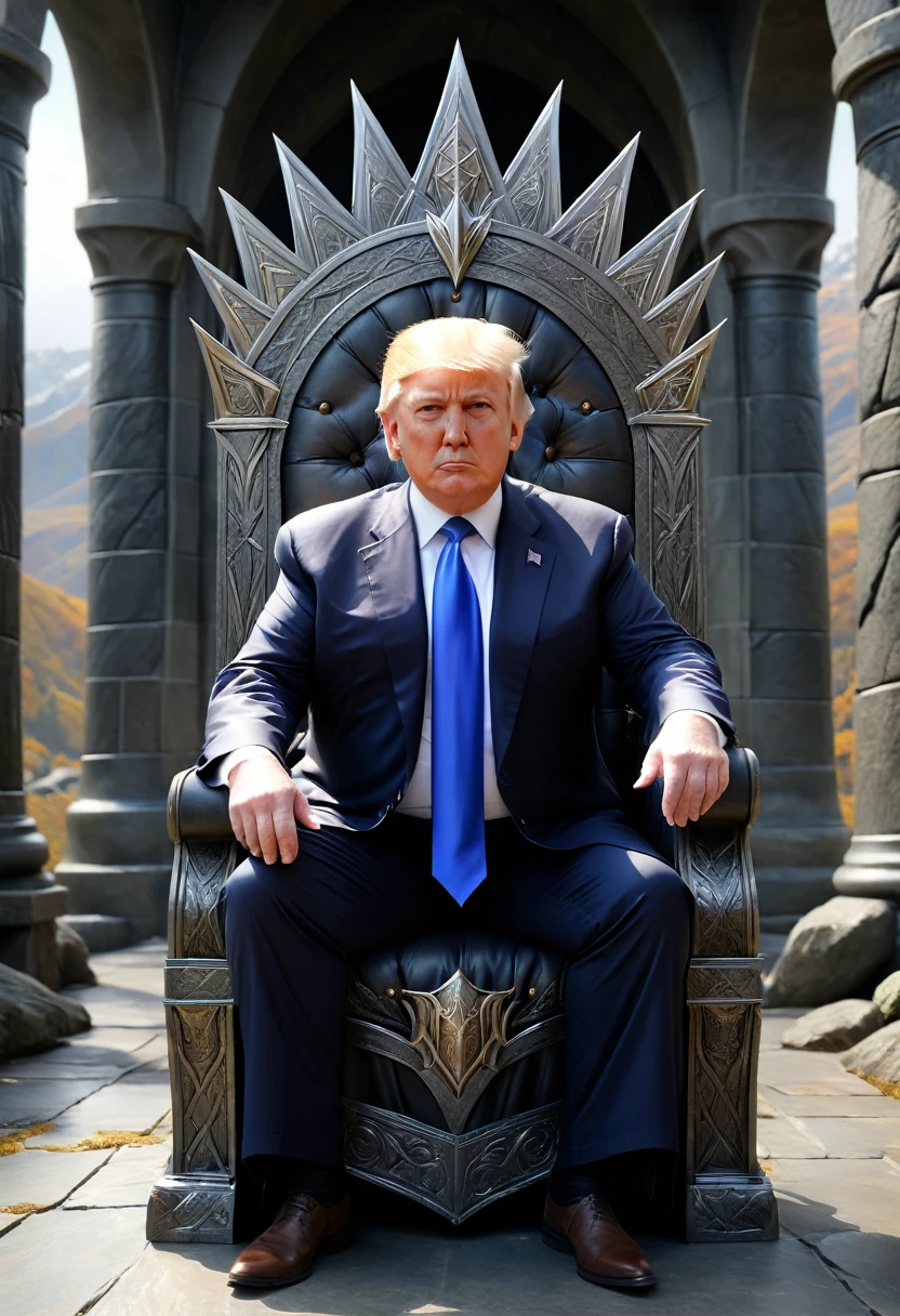 Donald Trump on the throne of Gondor. Realistic. Highdef crown.