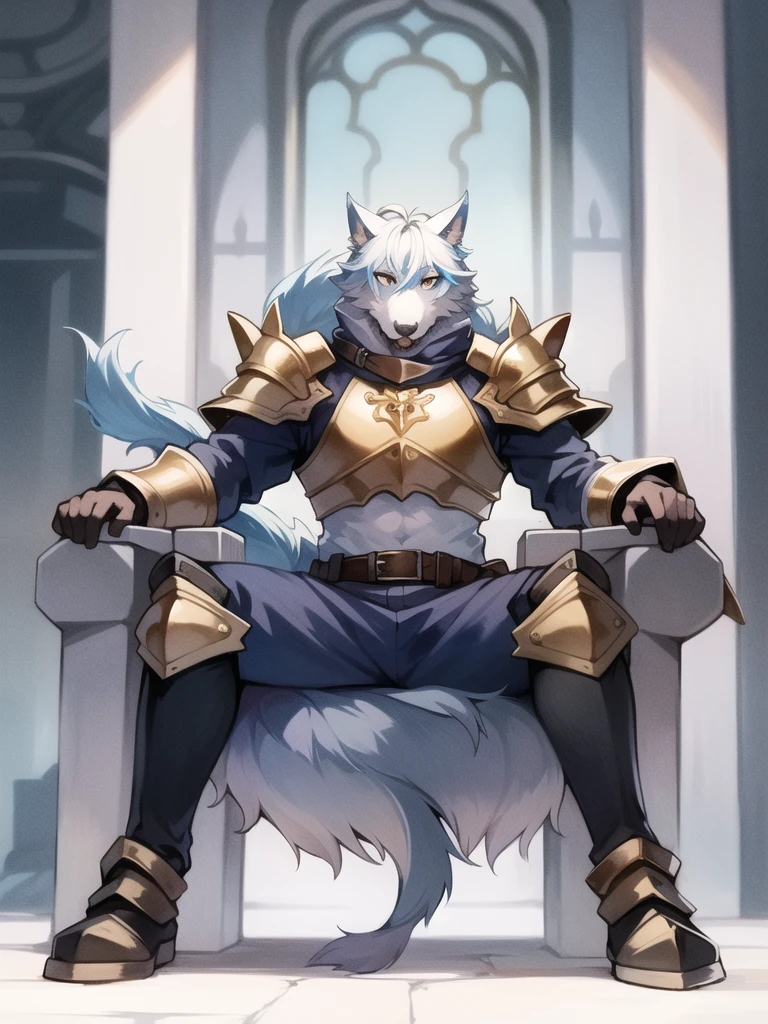 A simple man who has ears and a tail like an ice wolf and he sits on a throne holding his sword and his armor made of the finest materials. High quality