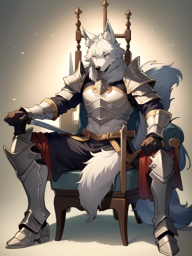 A simple man who has ears and a tail like an ice wolf and he sits on a throne holding his sword and his armor made of the finest materials. High quality