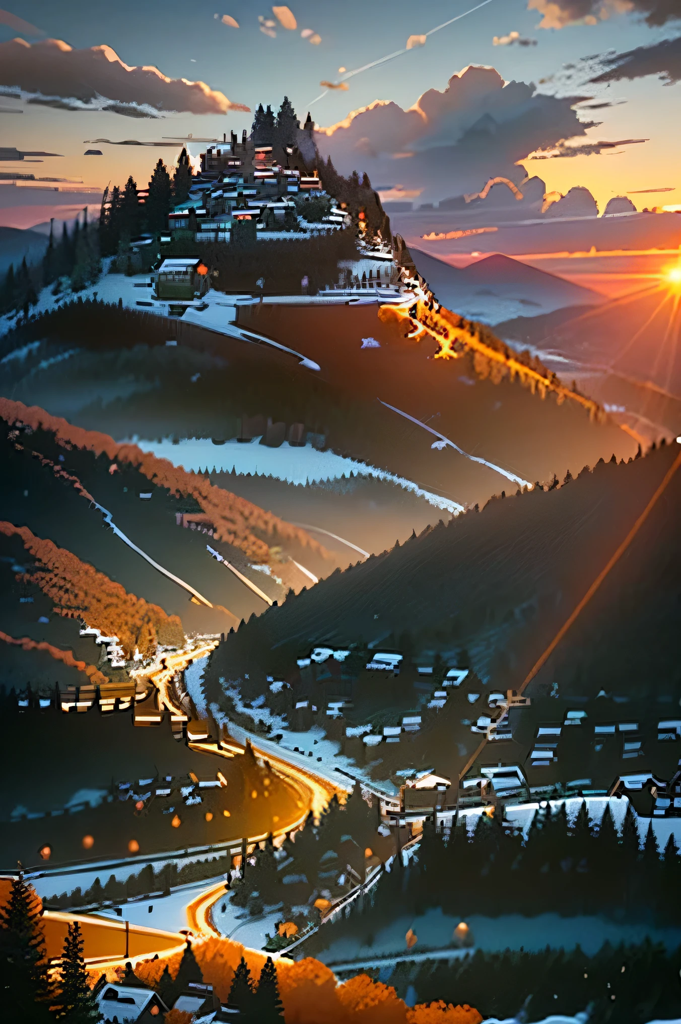 The sun is setting, turning the sky a warm orange color as you stand on top of a green hill. In the distance, you can see a small town with red-roofed houses and stone paths winding between them. A dense forest stretches beyond the village and a cool breeze carries with it the scent of pine trees.