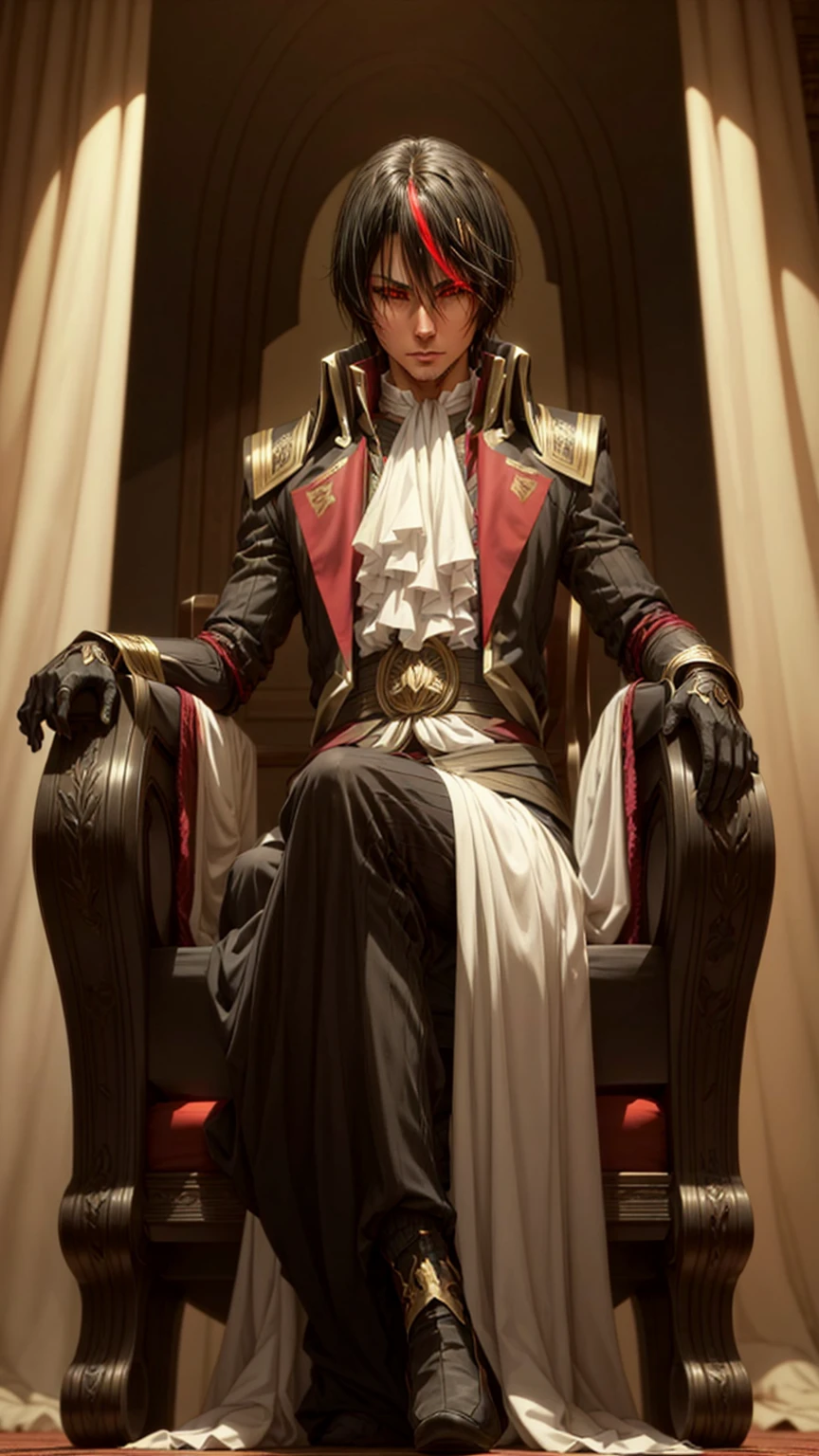 Diablo, detailed eyes, detailed face, detailed clothes, detailed black hair with red and golden line in front,  inside a palace, on a throne, sitting on a throne, character from a novel,