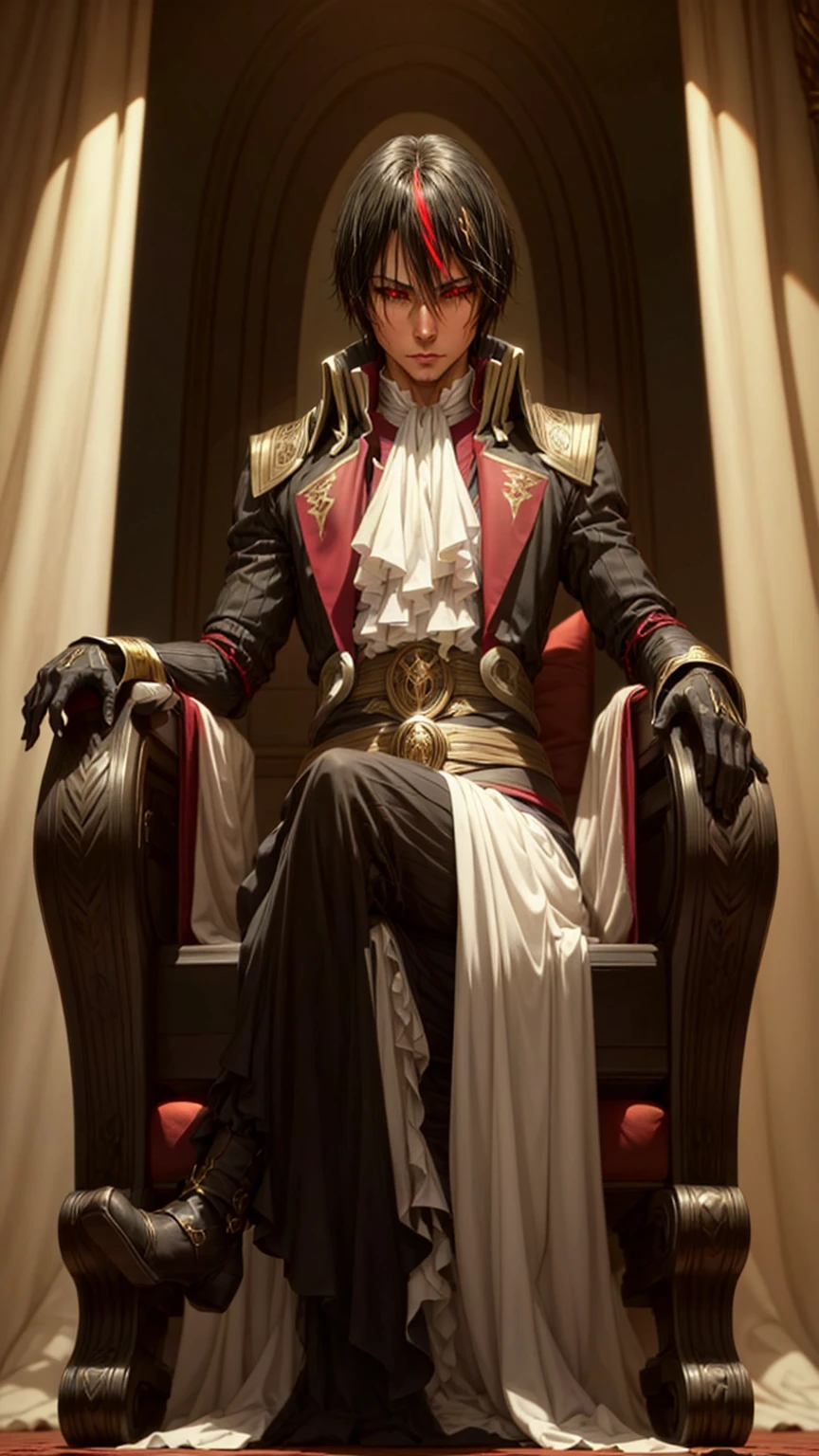 Diablo, detailed eyes, detailed face, detailed clothes, detailed black hair with red and golden line in front,  inside a palace, on a throne, sitting on a throne, character from a novel,