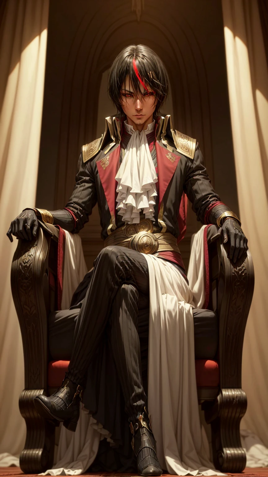 Diablo, detailed eyes, detailed face, detailed clothes, detailed black hair with red and golden line in front,  inside a palace, on a throne, sitting on a throne, character from a novel,