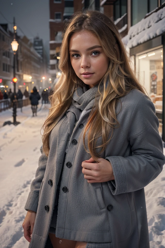 professional portrait photograph of a gorgeous Norwegian girl in winter clothing with long wavy blonde hair, sultry flirty look, gorgeous symmetrical face, cute natural makeup, wearing elegant warm winter fashion clothing, ((standing outside in snowy city street)), stunning modern urban environment, ultra realistic, concept art, elegant, highly detailed, intricate, sharp focus, depth of field, f/1. 8, 85mm, medium shot, mid shot, (((professionally color graded))), bright soft diffused light, (volumetric fog), trending on instagram, hdr 4k, 8k