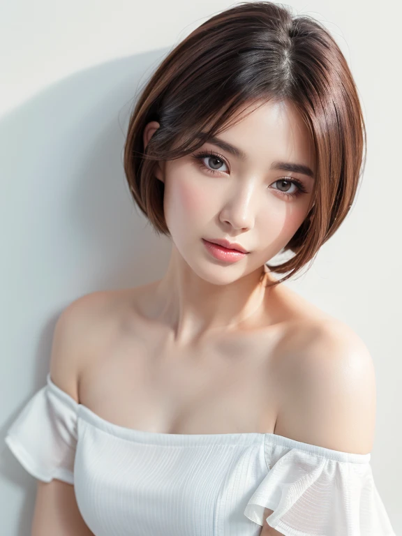 (Highest quality、Tabletop、8K、Best image quality、Award-winning works)、One beautiful mature woman、Voluptuous body、(short hair:1.1)、(Cleavage:1.1)、(Perfect white polyester overall off shoulder camisole:1.5)、(Leaning against the simplest white wall:1.4)、Close-up of face、Beautiful clavicle、Cleavage、Perfect Makeup、Lustrous and bright lips、Accurate anatomy、Ultra-high definition beauty face、Ultra HD Hair、Super high quality sparkling eyes、(Ultra-high resolution glossy skin:1.1)、Super high quality glossy lip、Look straight ahead