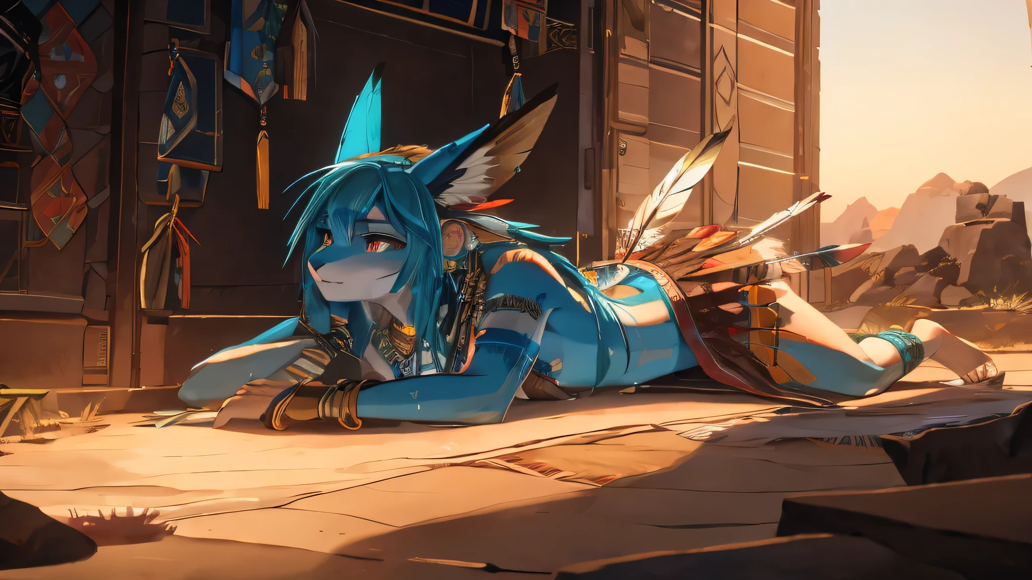 Miku Hatsune, add high definition_detail:1, blue fur,kitsune ears, tribal tattoo add_detail:1, sensual pose against the wall add_details:1, tribal feather necklage, rainbowed feather skirt, tribal feather ornaments for the body high definition, tribal feather bralette, desertic landscape oasis in the background, exhausted girl, sweating, very hot, intense sun add_detailsl