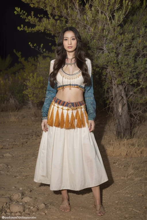 Western United States,Indian tribe in the desert,Night,Full body portrait, 8K, masterpiece, The most detailed, Highest quality, Perfect appearance. Too realistic, Create a fit, Indian woman, Feral,Perfect body,Charming eyes,Tan skin, muscle, bounce, (Long hair:1.3), indian ethnic costumes,Indian clothing,dark theme, Dense forest, night, dark,Bonfire in the background,indian tent