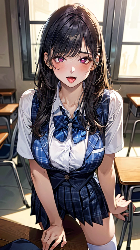 (masterpiece:1.3, top-quality, ultra high res, ultra detailed), (realistic, photorealistic:1.4), beautiful illustration, perfect lighting, natural lighting, colorful, depth of fields, surrealism,
((beautiful white detailed hair))beautiful detailed face, beautiful detailed red eyes, beautiful clavicle, beautiful body, beautiful chest, beautiful thigh, beautiful legs, beautiful fingers, shiny skin, babyface,
looking at viewer, 1 girl, japanese, high school girl, (perfect anatomy, anatomically correct, super detailed skin), cute and symmetrical face, perfect face, perfect eyes, perfect fingers,
(long hair) asymmetrical bangs, red eyes, big eyes, long eyelashes, (large breasts:1.2, seductive thighs), slender, outstanding style,
((detailed cloth texture, break,break, white collared shirt, break,break, navy blue suit vest, break,break, blue plaid pleated skirt, break,break, purple blue bow tie), socks, black loafer),
(beautiful scenery), (classroom, desk), (standing, leaning forward), (table humping, crotch rub), (heart shaped pupils, :3, aroused, ahegao, orgasm, in heat, naughty face, open mouth small),