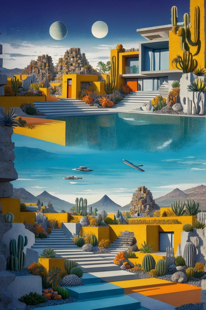 An illustration in collage style, with giant boulders, brutalist building sections, terraces, stairs, cacti, agave, concrete texture, multiple geometric shapes, hatch and cross hatching, planet saturn, volcano, moon, Luis Barragán's architectural style build, milky way galaxy, violet, one motorcycle, An illustration in collage style, with giant boulders, brutalist building sections, stairs, cacti, agave, concrete texture, multiple geometric shapes, hatch and cross hatching, planet saturn, volcano, moon, Luis Barragán's architectural style build, reflective pool, terraces. An elegant and modern build, in top of big boulders, with terraces, materials concrete, wood, steel and crystal, various gardens with tropical vegetation, cacti and rocks, stairs, a pool. In middle of sea, a big wave near, sunset, mountains and a volcano in the horizont, cute islands around, illustration format, cute color palette, detailed, masterpiece, award-winning work, clouds, Illustration, a garden with abundant cacti, ((various organic sculptures)), ((big rocks)), (((multiple sections))), collage style, detailed, (((color palette (olive green), (Mustard orange), cool grey, ((blue)), black and white))), (((a lot Luis barragán's architecture style builds))) big clouds, volcano in horizon, stairs, in the desert. ((masterpiece, best quality)),illustration,ultra detailed 8k, ((Ori Toor visual style)),soviet, megabuildings, megastructures, buildings, organic steel sculpture