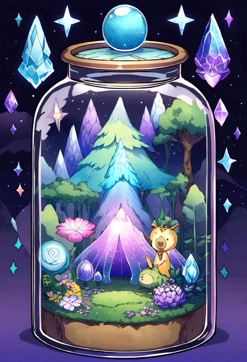 purple and blue floral design on a clear glass container, graphic of enchanted terrarium, mythical floral hills, concept art magical highlight, fantasy sticker illustration, dreamscape in a jar, magical glow, ✨🕌🌙, omori, crystal forest, magically glowing, wonderland portal, jelly glow, moonlit starry sky environment, magical background, soft airbrushed artwork.