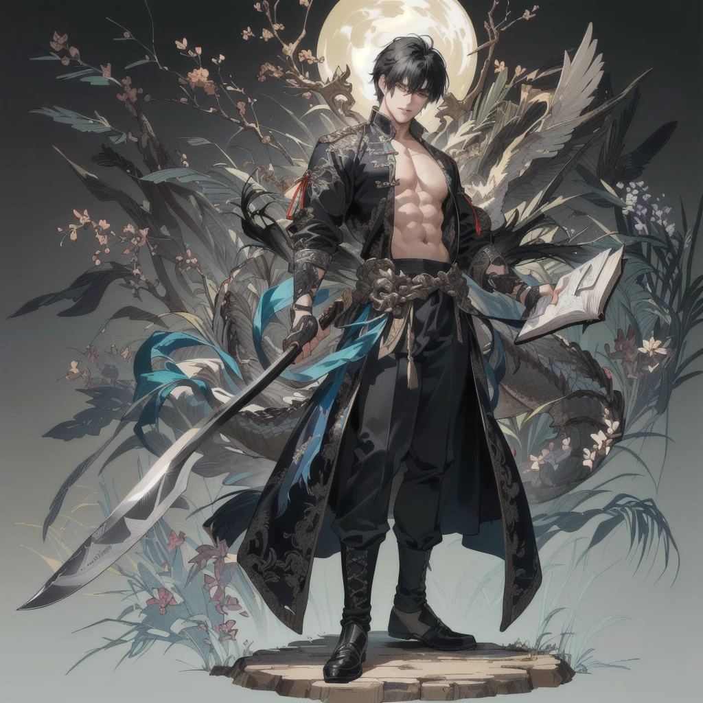 (Extremely complex and exquisite details，masterpiece，Highest quality，Full body picture of a strong, masculine and handsome man with short black hair，Modernity，Strong handsome masculine style，Holding a stick with a machete in his right hand，Holding book in left hand，Showing off muscles)，correct anatomy，Very strong muscles，Exquisite Chinese dragon high contrast background，Broadsword