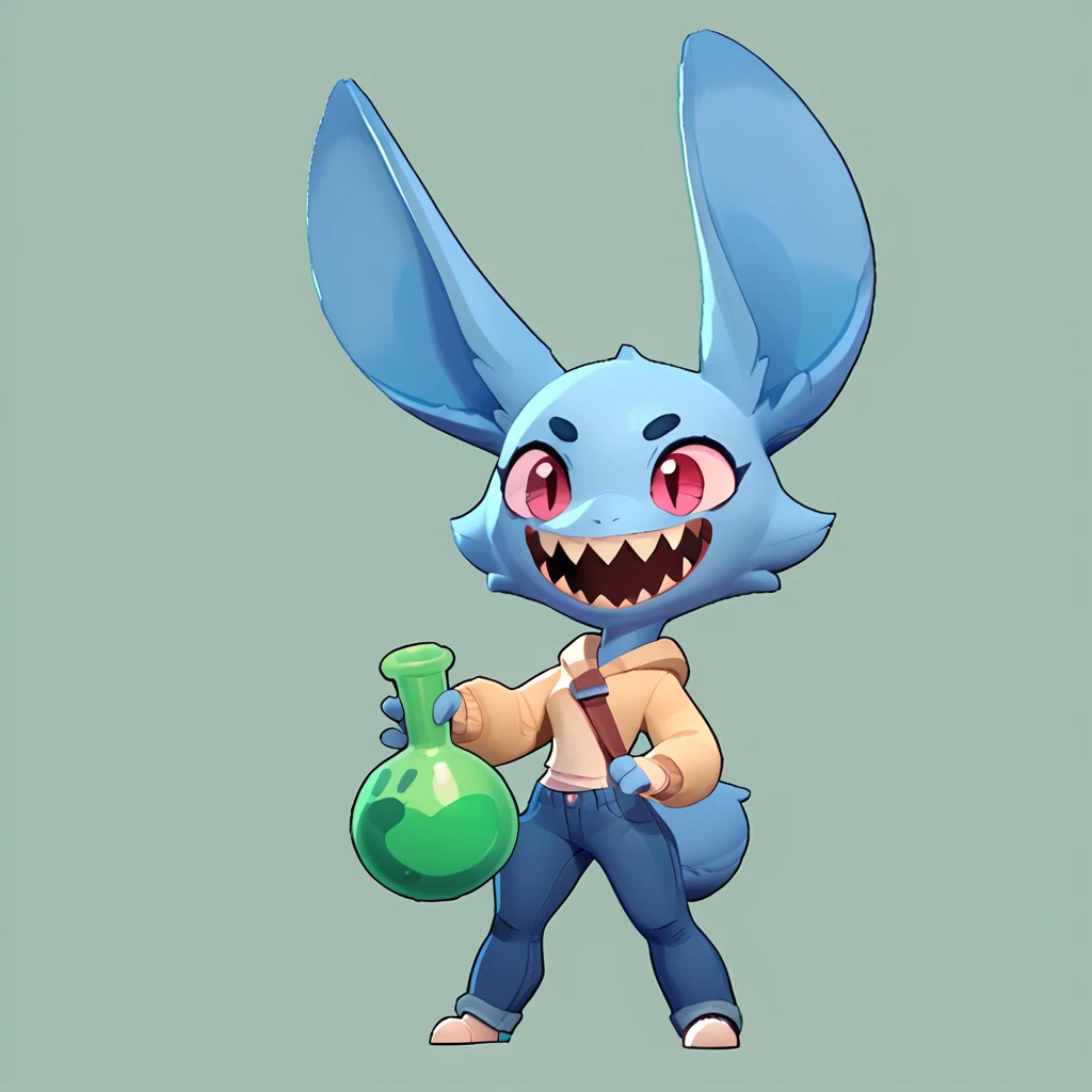 Full body view from a round creature with blue fur, female, long ears, smiling, sharp teeth, wearing jeans, friendly round creature, holding a green potion in his hand