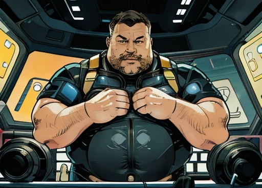 The captain of the astronauts is a plump, chubby man, extremely thick thighs, a large belly, fat. Passing inside the spaceship laboratory , he checks an analysis under the microscope. His arms are holding digital analysis devices. He wears a spacesuit.