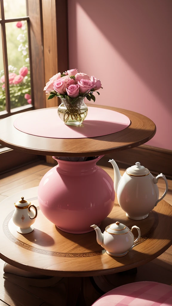 Covered table with a pink background with coffee cup and teapot with a vase of flowers next to it 