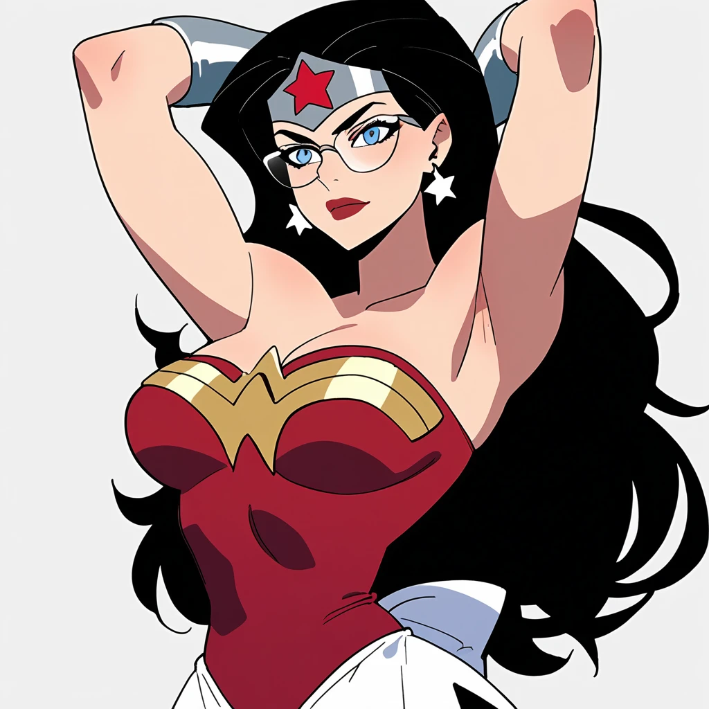 score_9, score_8_up, score_7_up, score_6_up, absurdres, best quality,  source_cartoon, arms up, armpits, wwjl, 1girl, long hair, breasts, smile, blue eyes, black hair, cleavage, bare shoulders, jewelry, strapless, medium breasts, wonder woman, vambraces, earrings, star, symbol, leotard, makeup, tiara, lipstick, star earrings, red leotard, upper body, star print, maid tiara, maid apron, serious, Tray with glasses, cassino stage