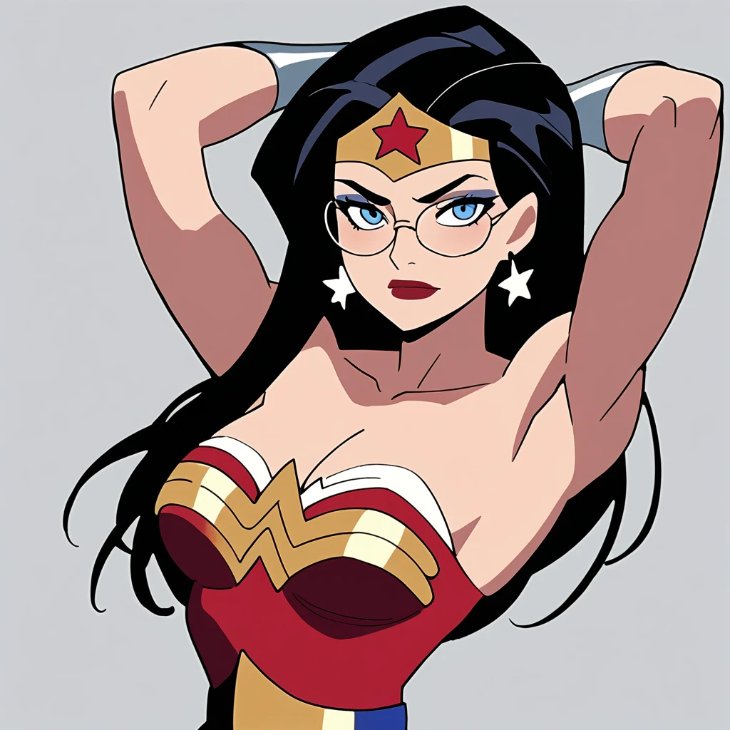 score_9, score_8_up, score_7_up, score_6_up, absurdres, best quality,  source_cartoon, arms up, armpits, wwjl, 1girl, long hair, breasts, smile, blue eyes, black hair, cleavage, bare shoulders, jewelry, strapless, medium breasts, wonder woman, vambraces, earrings, star, symbol, leotard, makeup, tiara, lipstick, star earrings, red leotard, upper body, star print, maid tiara, maid apron, serious, Tray with glasses, cassino stage