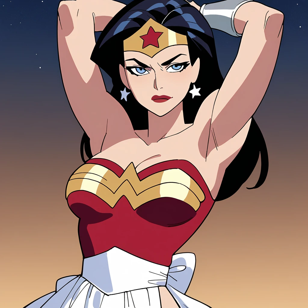 score_9, score_8_up, score_7_up, score_6_up, absurdres, best quality,  source_cartoon, arms up, armpits, wwjl, 1girl, long hair, breasts, smile, blue eyes, black hair, cleavage, bare shoulders, jewelry, strapless, medium breasts, wonder woman, vambraces, earrings, star, symbol, leotard, makeup, tiara, lipstick, star earrings, red leotard, upper body, star print, maid tiara, maid apron, serious, Tray with glasses, cassino stage