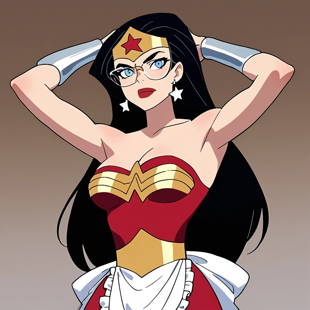 score_9, score_8_up, score_7_up, score_6_up, absurdres, best quality,  source_cartoon, arms up, armpits, wwjl, 1girl, long hair, breasts, smile, blue eyes, black hair, cleavage, bare shoulders, jewelry, strapless, medium breasts, wonder woman, vambraces, earrings, star, symbol, leotard, makeup, tiara, lipstick, star earrings, red leotard, upper body, star print, maid tiara, maid apron, serious, Tray with glasses, cassino stage