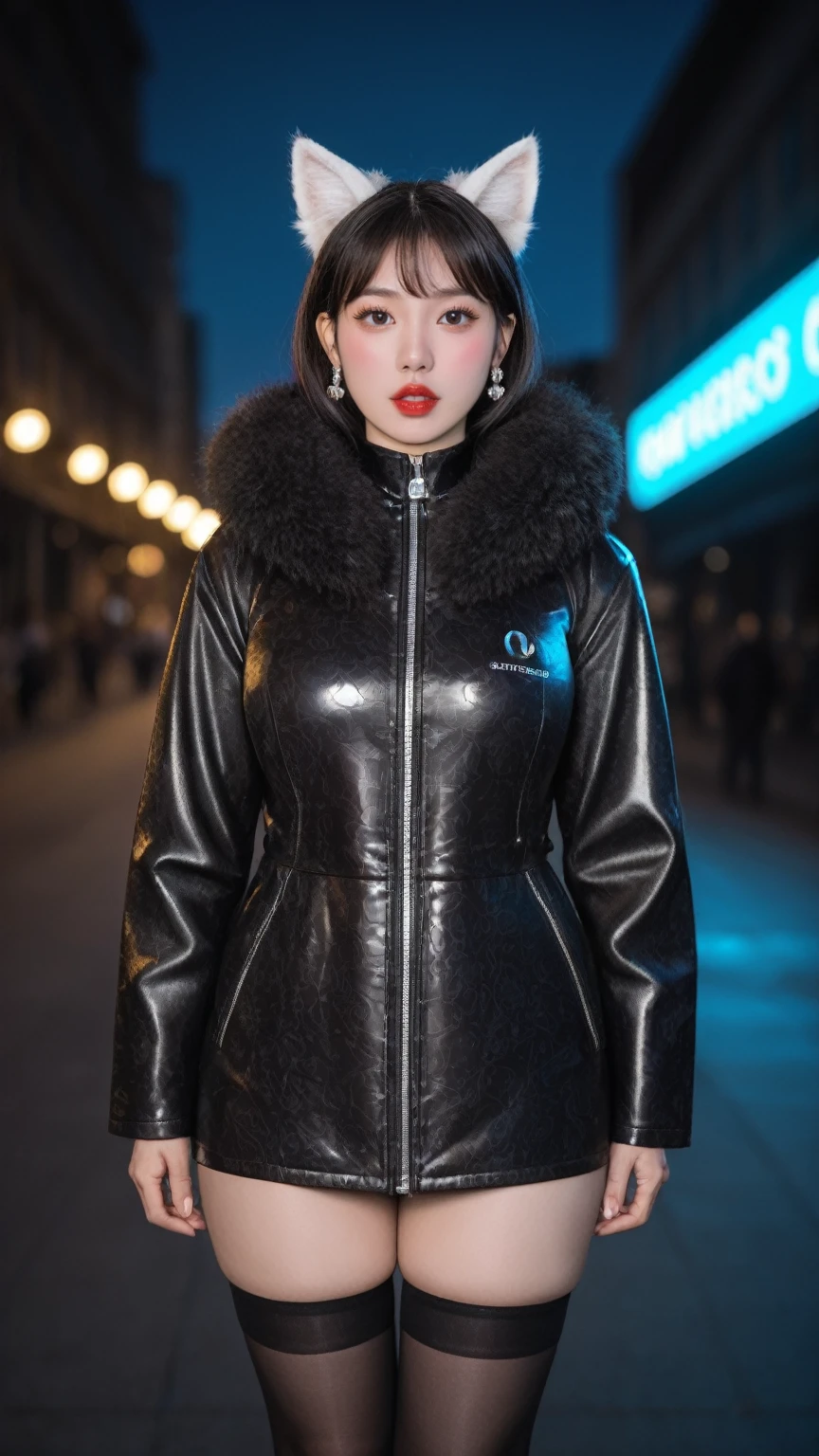realistic,score_9, score_8_up, score_7_up,
In this futuristic CG wallpaper masterpiece set in the year 4096, a mature female Kpop idol stands on a bustling, neon-lit street. Captured by a Nikon D750 with a f/1.4 55mm lens, her dynamic pose and advanced lighting techniques, including photon mapping and radiosity, create an ultra-realistic and highly detailed effect. She stares intently at the viewer, her blush highlighting her lustrous, oil-like skin. Her face is intricately detailed, featuring wavy gray hair and a sophisticated style, exuding aegyo sal with puffy eyes, long eyelashes, parted lips, and red lipstick. Her broad shoulders and medium breasts are subtly revealed beneath her futuristic attire, which includes animal ears, thigh-highs, and a silk coat inspired by Song Dynasty clothing. Her curvaceous figure is elegantly accentuated by her attire, completing her striking and mature presence in this advanced, neon-drenched urban landscape.
