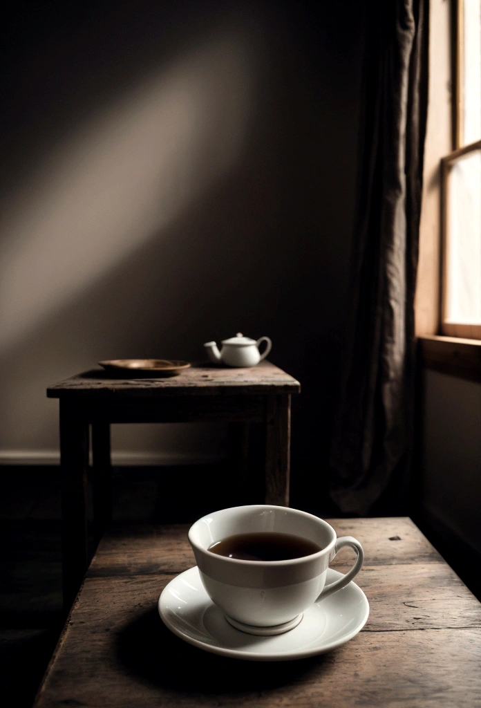 cup of tea on a wooden table, a cup, (Foto RAW, real, best qualityer, Masterpiece artwork: 1.2), (Hiper realisitic, realisitic: 1.2), high qualiy, (dark ilumination: 1.2), perfect lighting, Lightroom, 35mm films, cinemactic, dimmed colors, dark shot, Muted colours, grainy film, lute, insane details, Intricate details