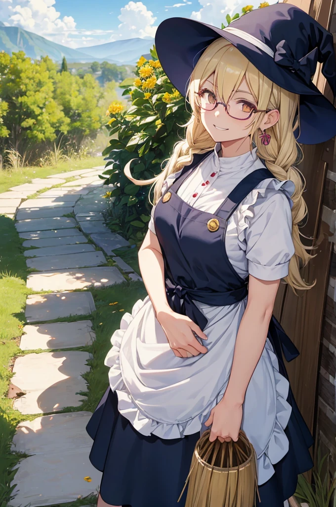 a female anime character with big round glasses and white hair wearing an apron and a witch Have, One girl, kirisame marisa, alone, broom, Have, Blonde, witch Have, smile, Yellow Eyes, apron, Long Hair, null, View your viewers, Outdoor, Grin, Braiding, cloud, Earrings, Short sleeve, blue null, Day